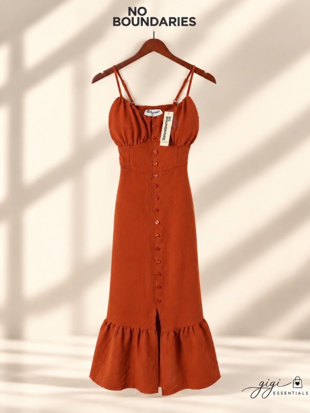 No Boundaries Rust Orange Button Front Maxi Dress XXS NWT